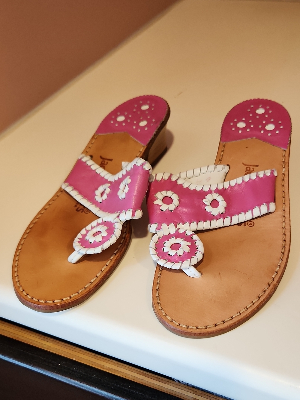Jack Rogers Hot Pink and White Leather Lotus Sandals Size 5